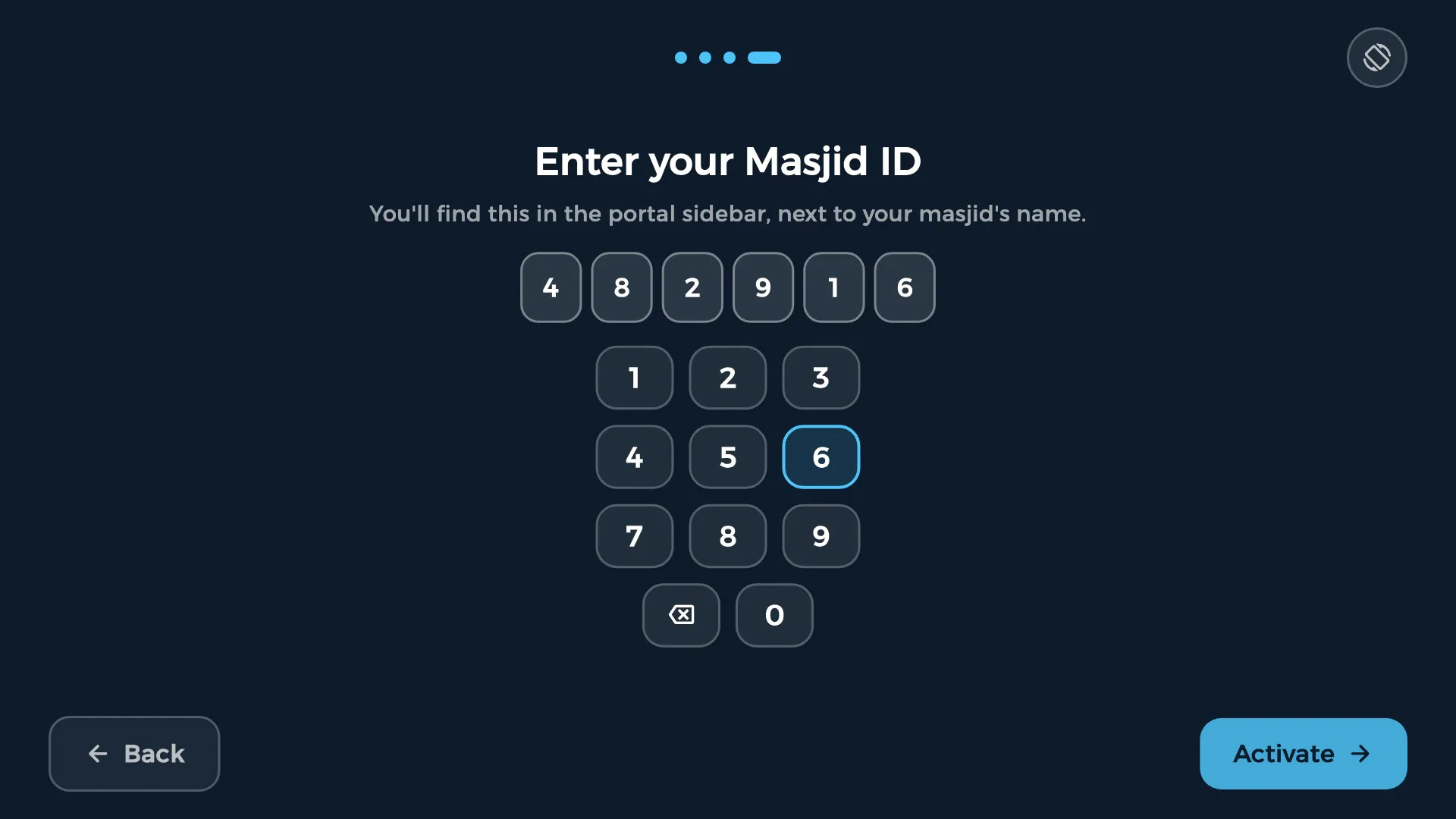 The TV app's last setup step: the 6-digit Masjid ID keyed in on the on-screen keypad